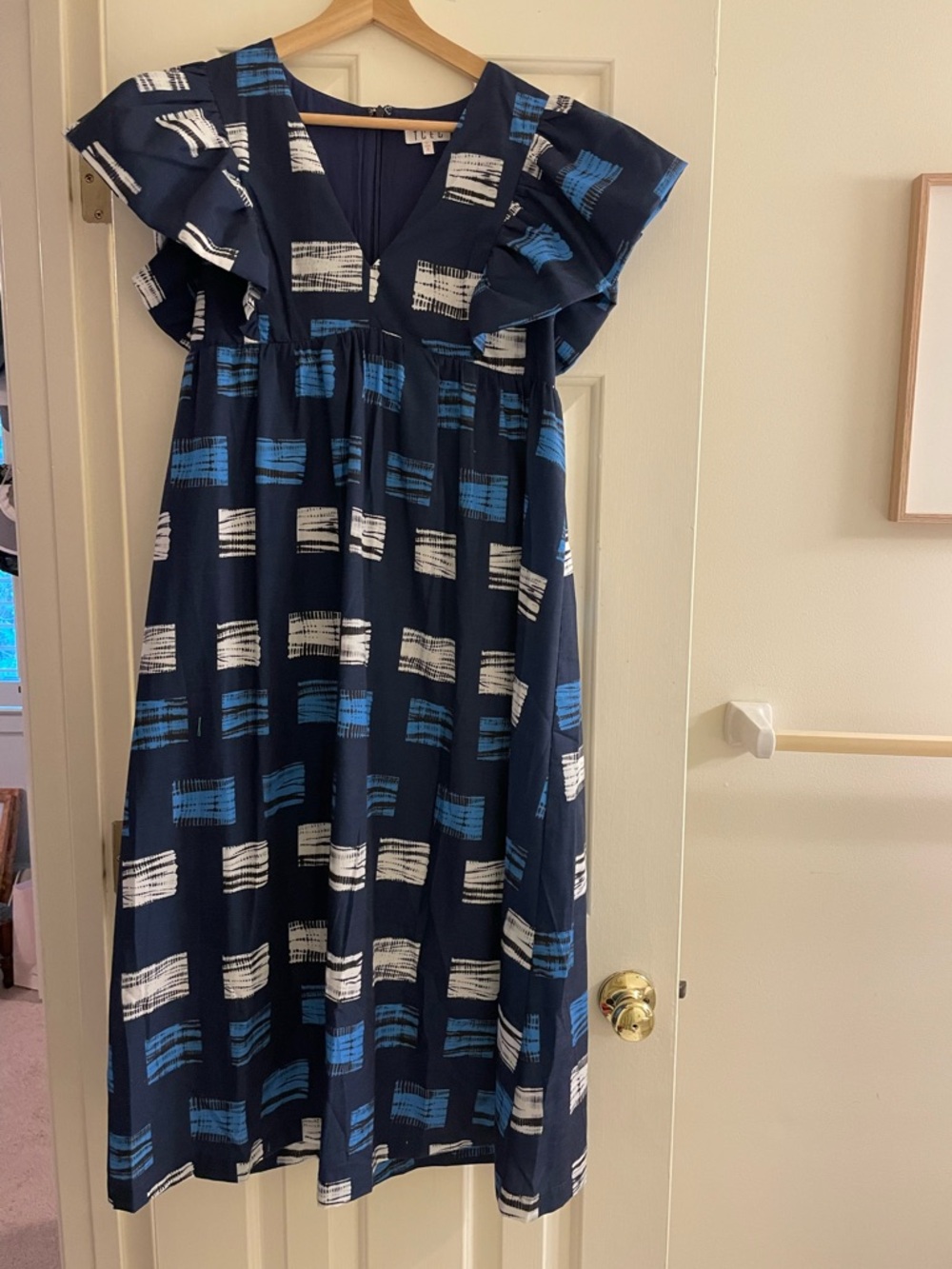 Navy Blue Printed V-Neck Ruffle-Sleeve Dress
